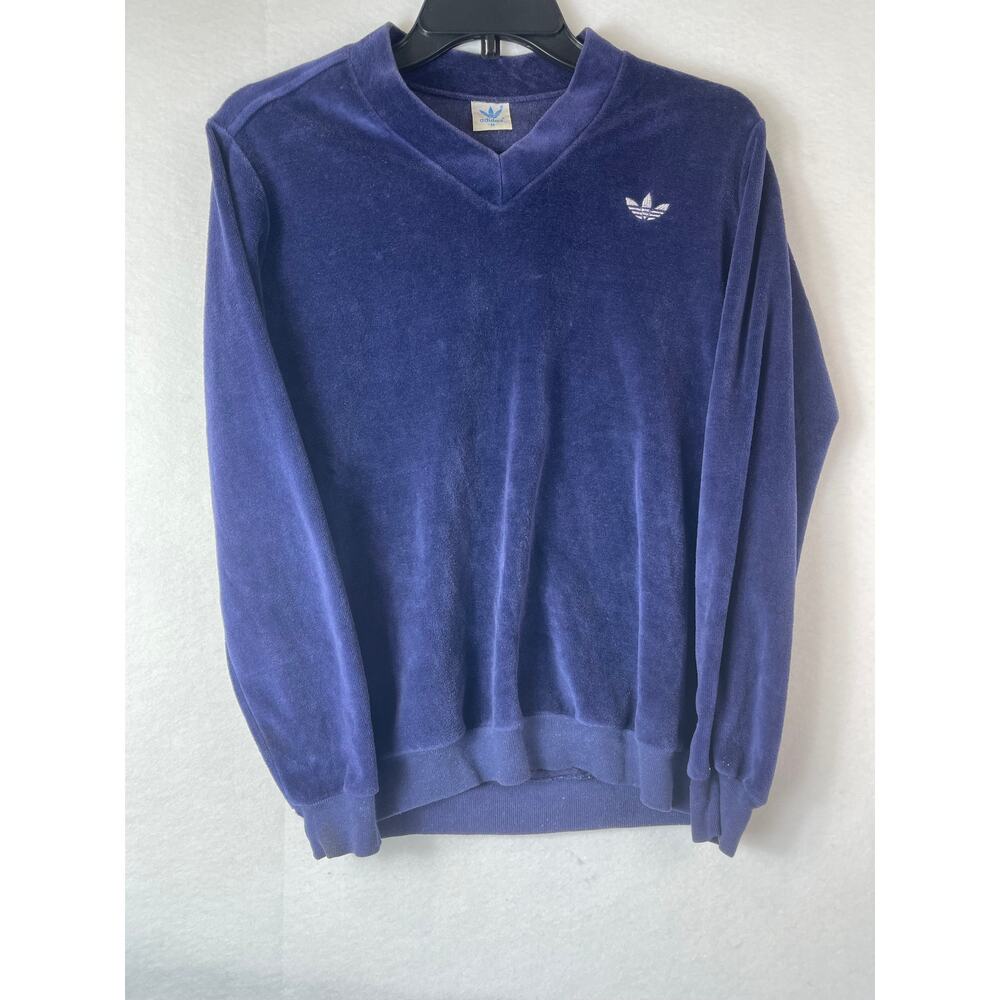Vintage 70s ADIDAS Mens Size LARGE Trefoil Velour V-Neck Sweater Sweatshirt Blue